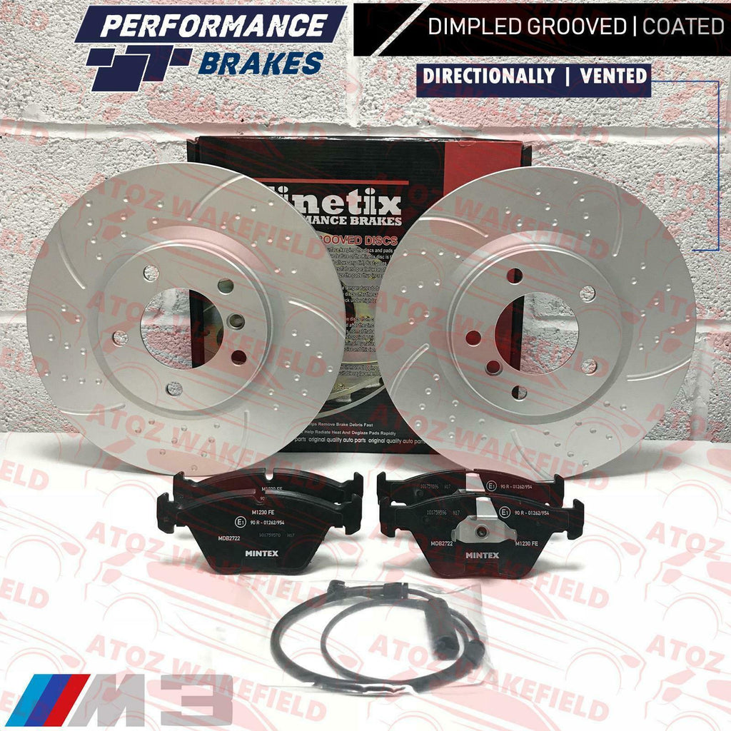 FOR BMW Z3 E36 FRONT KINETIX DIMPLED AND GROOVED BRAKE DISCS MINTEX PADS SESNOR