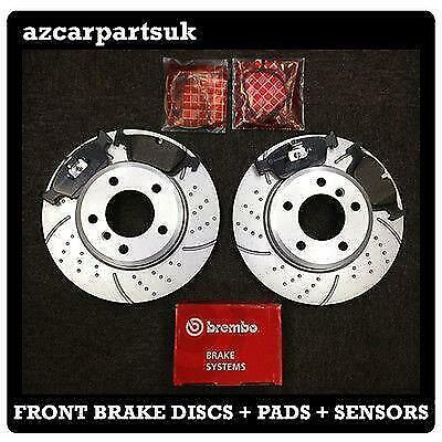 BMW E46 320D M SPORT Z3 Z4 FRONT GROOVED BRAKE DISCS AND BREMBO PADS SENSORS