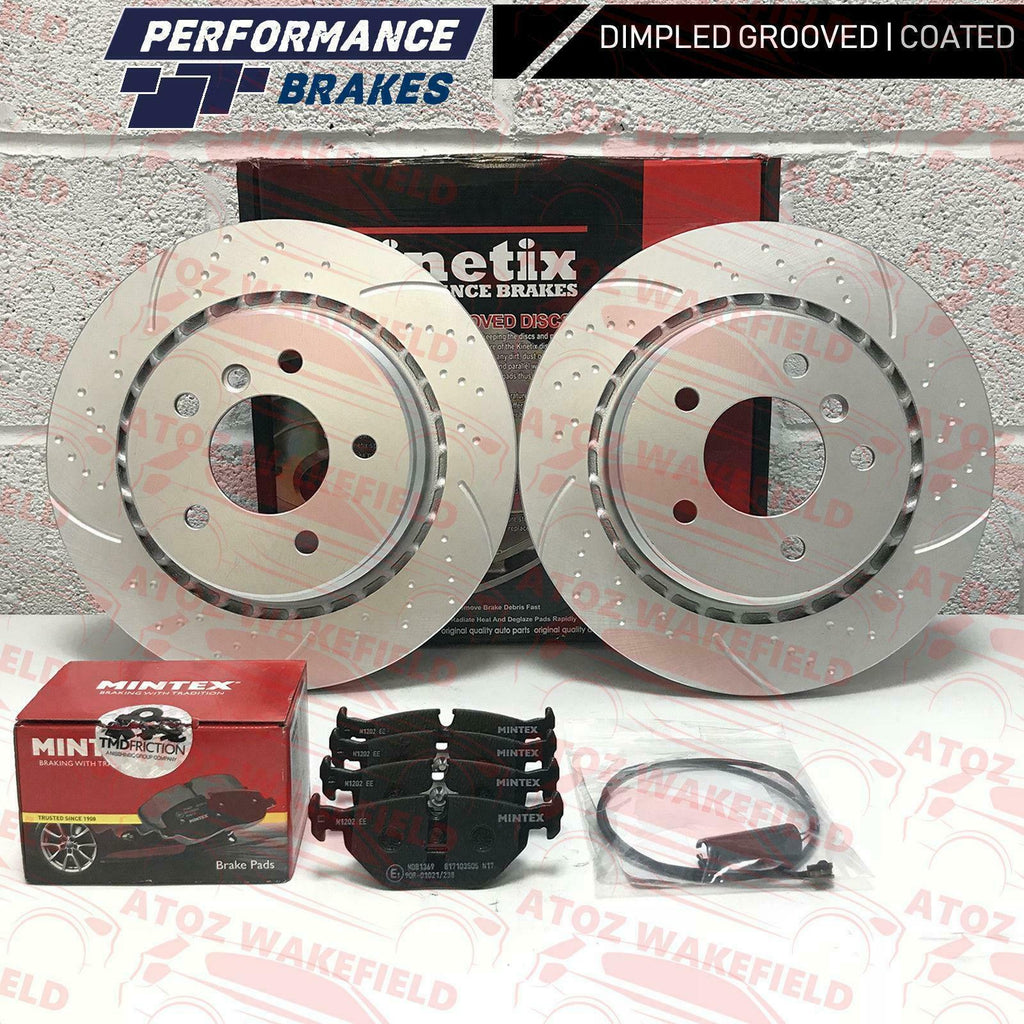 FOR BMW Z3 E36 REAR DIMPLED AND GROOVED KINETIX BRAKE DISCS MINTEX PADS SENSOR