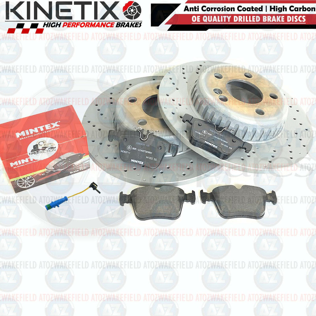 FOR MERCEDES C/E CLASS AMG REAR CROSS DRILLED BRAKE DISCS PADS WIRES 300mm