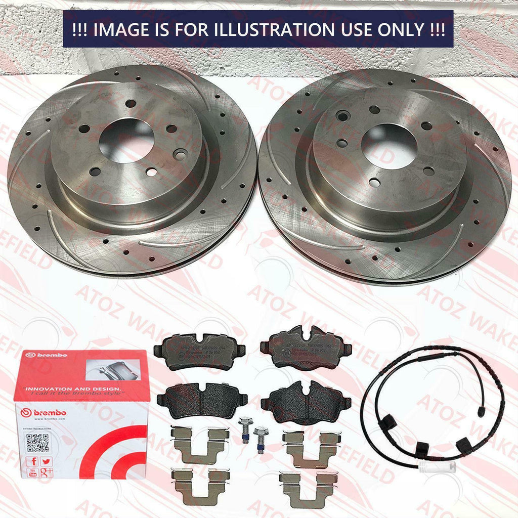 FOR MINI COOPER S R56 R57 REAR DRILLED GROOVED BRAKE DISCS BREMBO PADS & SENSOR