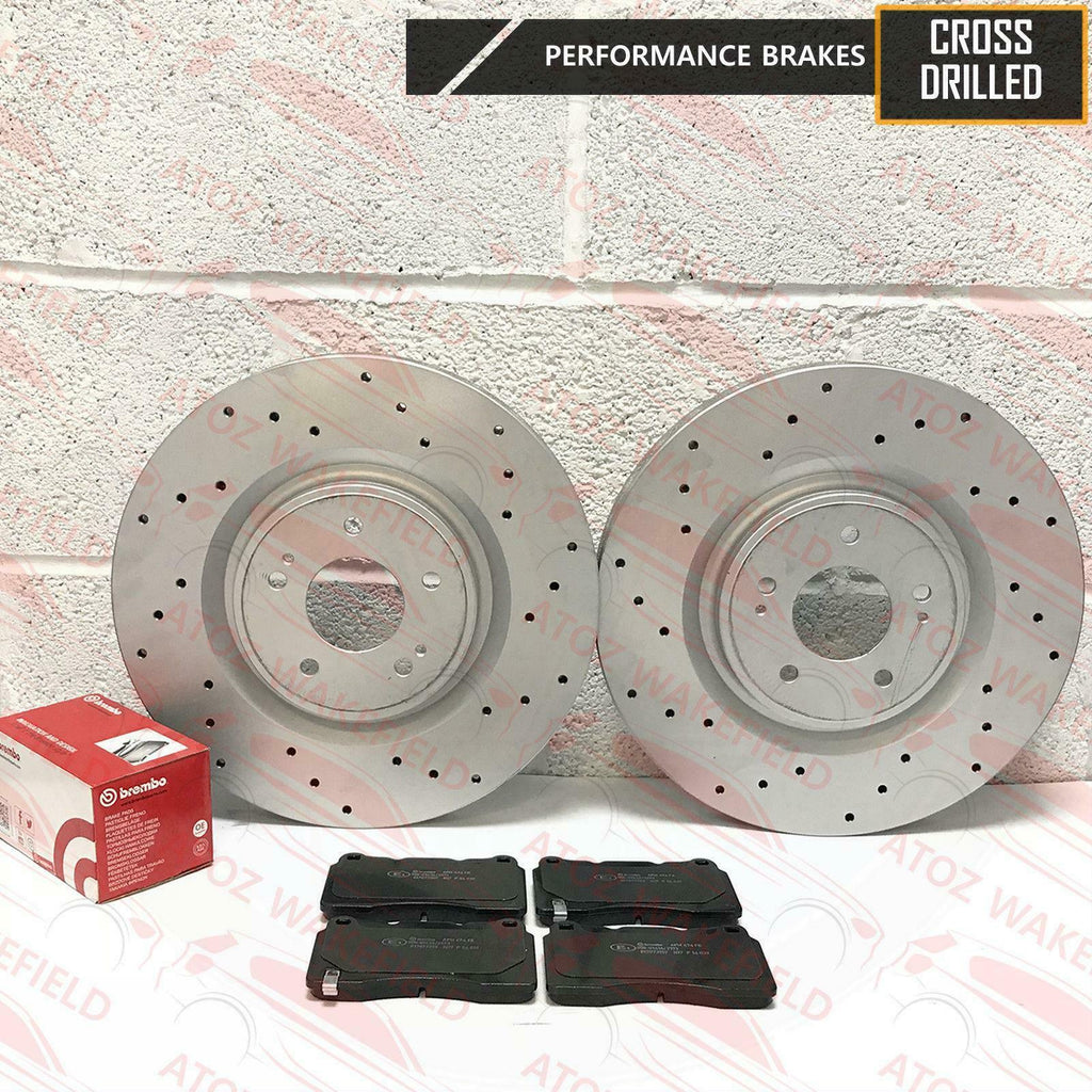 FOR MITSUBISHI LANCER EVO X 10 FRONT DRILLED PERFORMANCE BRAKE DISCS BREMBO PADS