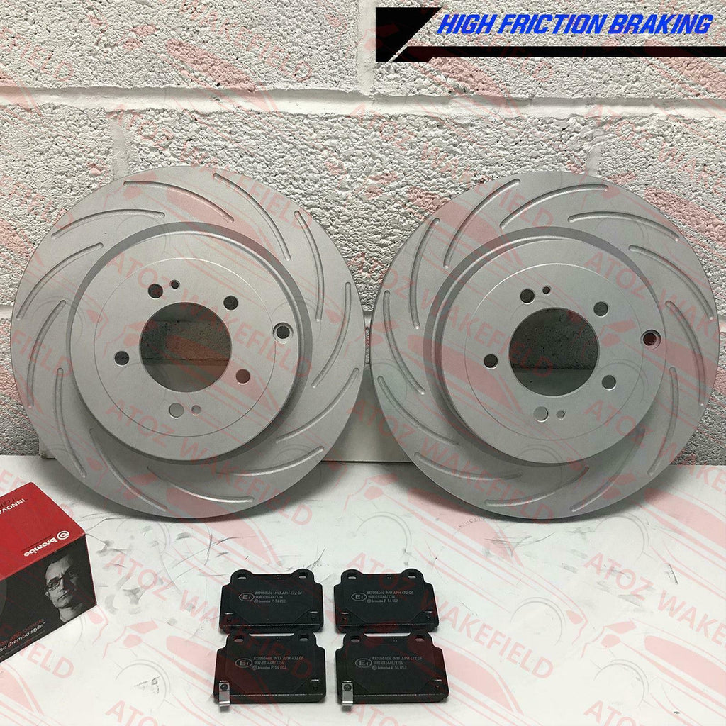 FOR MITSUBISHI LANCER EVO X 10 REAR GROOVED PERFORMANCE BRAKE DISCS BREMBO PADS