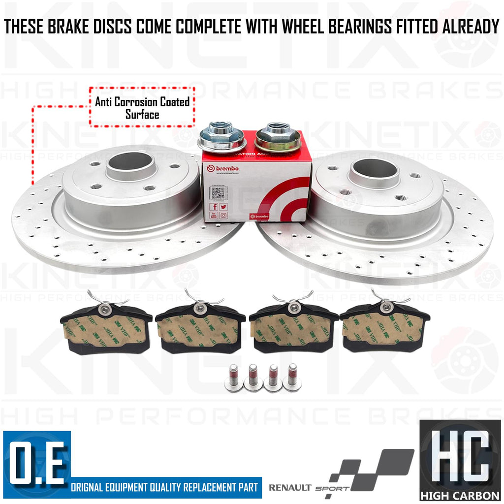 FOR RENAULT MEGANE SPORT 225 REAR DRILLED BRAKE DISCS PADS ABS BEARING