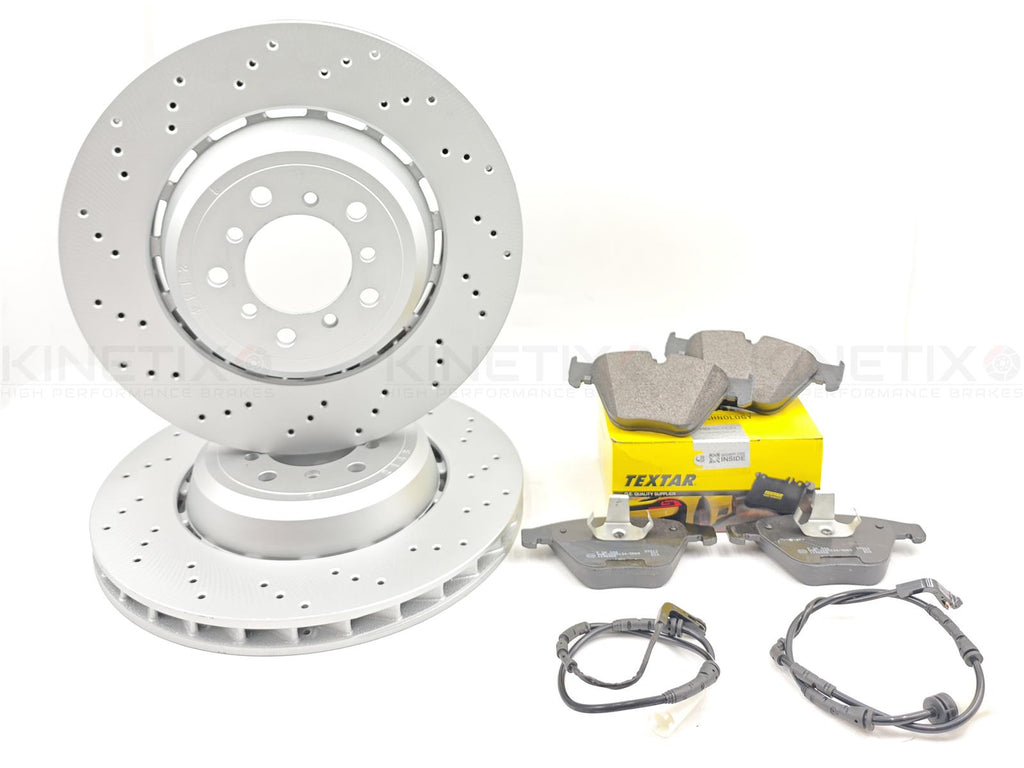 FOR BMW M3 E90 FRONT LEFT RIGHT DRILLED BRAKE DISCS TEXTAR PADS & SENSORS 360mm