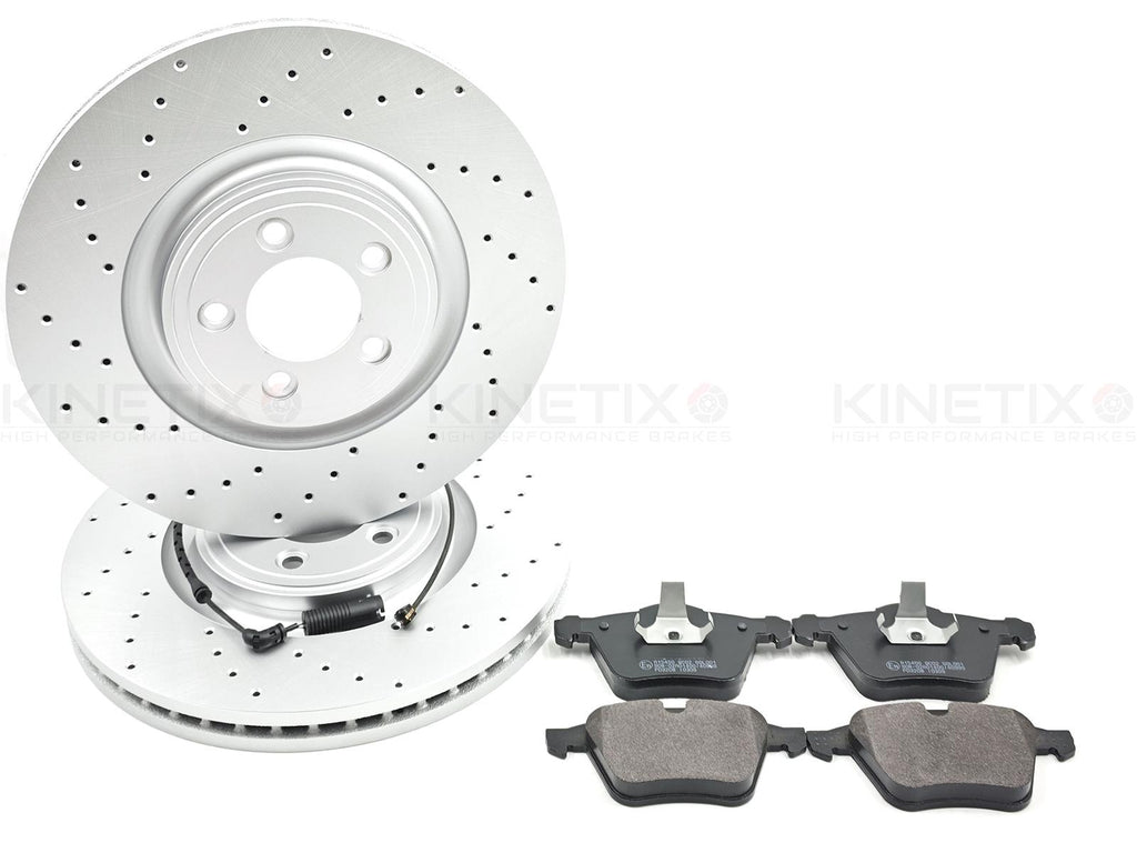 FOR JAGUAR XKR XK 5.0 V8 X150 DRILLED FRONT BRAKE DISCS PADS & SENSOR 355mm