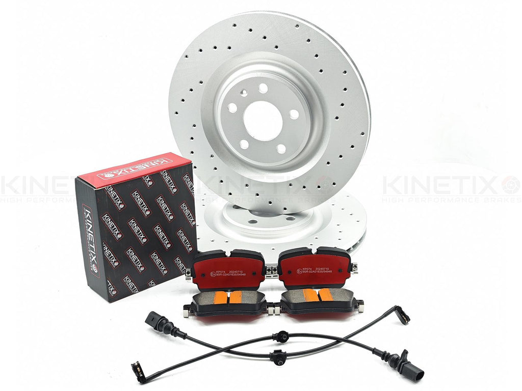 FOR AUDI A6 ALLROAD 55 TDI REAR DRILLED KINETIX BRAKE DISCS PADS & SENSORS 350mm