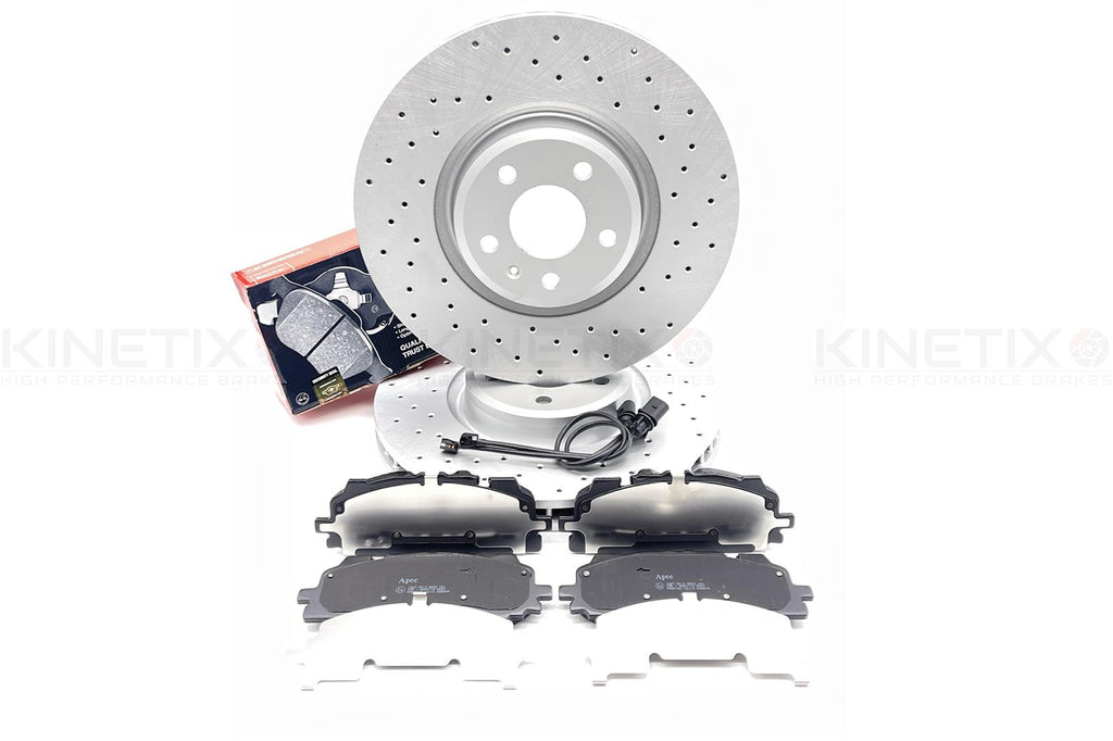 FOR AUDI A6 A7 A8 50 TDI FRONT DRILLED BRAKE DISCS APEC PADS WEAR SENSORS 350mm